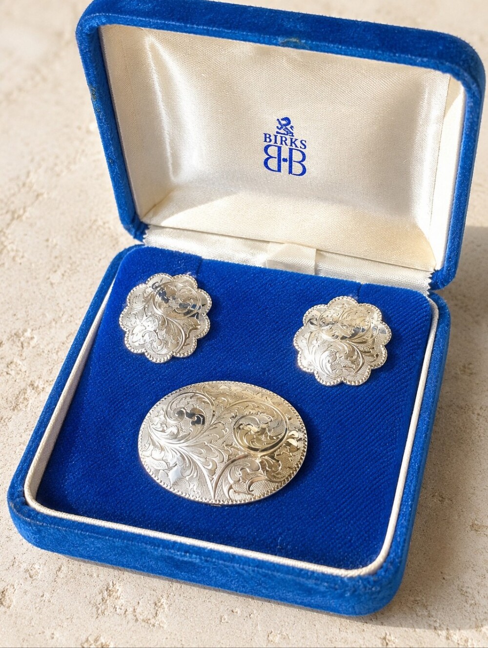 Vintage WFS Sterling Silver Brooch Earrings Demi-Parure Birks Box